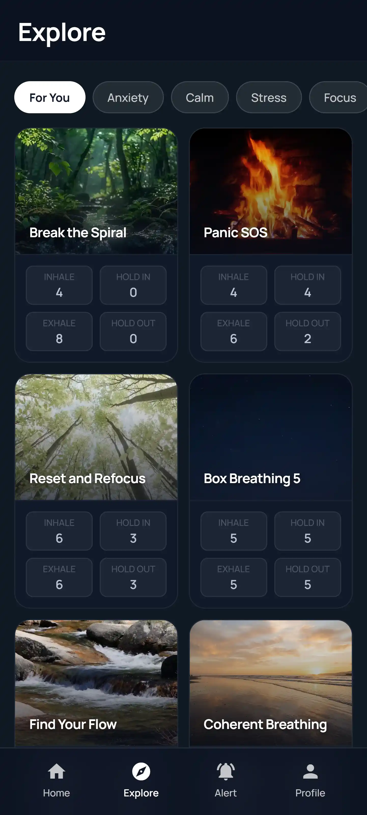 Calma Choose a Session Explore Screen